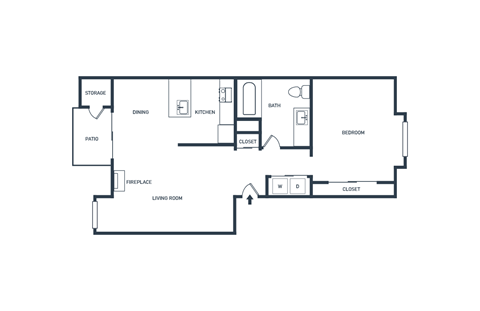 Floor plan for 1 bed, 1 bath, 717 sqft
